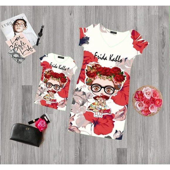 Mexican Frida Rosas Rojas Dress Bodycon Stretchy - Picture 3 of 4